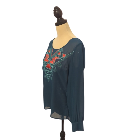 Teal Chiffon Embroidered Blouse Cruel Denim Size Small US Long Sleeve - Picture 2 of 4